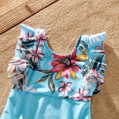 Family Matching Solid & Floral Print Knot Front Deep V Neck Ruffled One-piece Swimsuit or Swim Trunks Shorts Blue big image 8