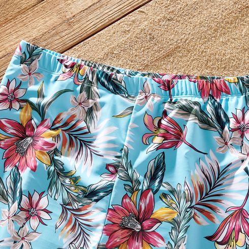 Family Matching Solid & Floral Print Knot Front Deep V Neck Ruffled One-piece Swimsuit or Swim Trunks Shorts Blue big image 3