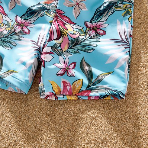 Family Matching Solid & Floral Print Knot Front Deep V Neck Ruffled One-piece Swimsuit or Swim Trunks Shorts Blue big image 4