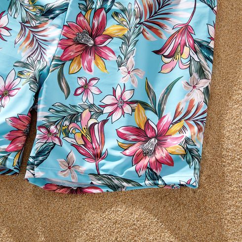 Family Matching Solid & Floral Print Knot Front Deep V Neck Ruffled One-piece Swimsuit or Swim Trunks Shorts Blue big image 13