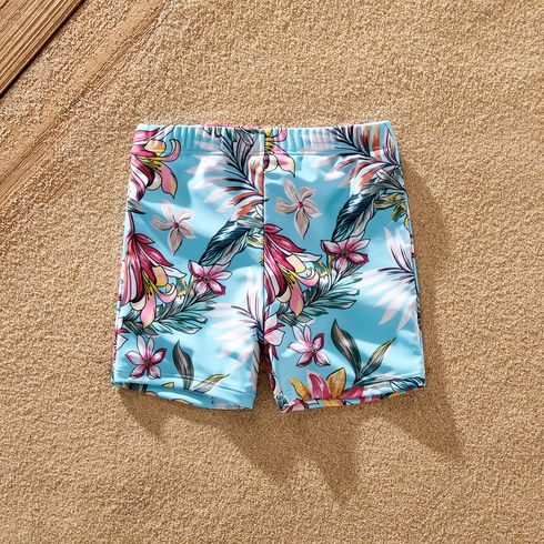 Family Matching Solid & Floral Print Knot Front Deep V Neck Ruffled One-piece Swimsuit or Swim Trunks Shorts Blue big image 5
