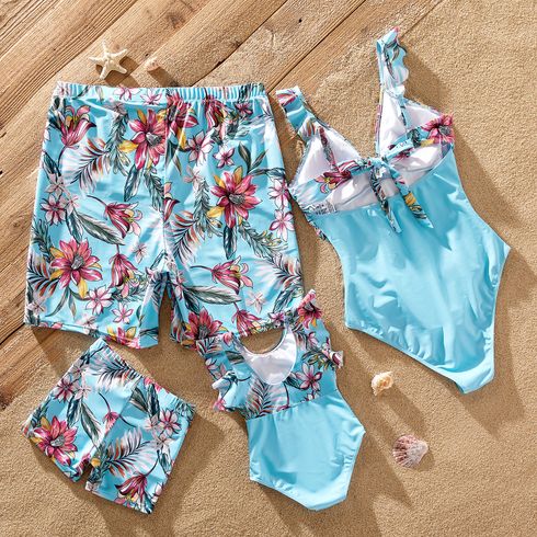 Family Matching Solid & Floral Print Knot Front Deep V Neck Ruffled One-piece Swimsuit or Swim Trunks Shorts Blue big image 2