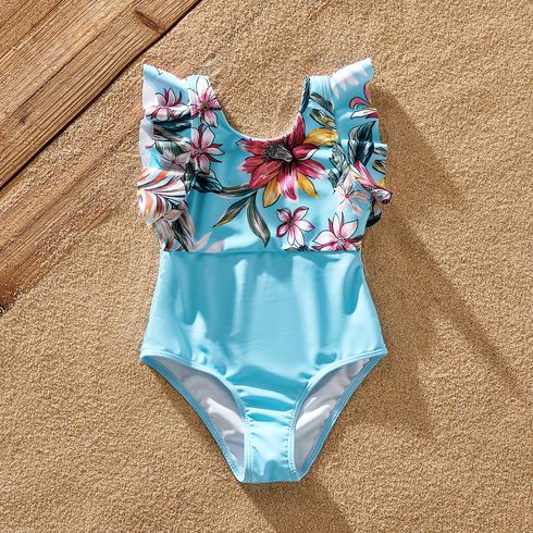 Family Matching Solid & Floral Print Knot Front Deep V Neck Ruffled One-piece Swimsuit or Swim Trunks Shorts Blue big image 6