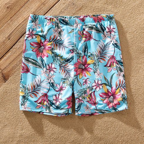 Family Matching Solid & Floral Print Knot Front Deep V Neck Ruffled One-piece Swimsuit or Swim Trunks Shorts Blue big image 12