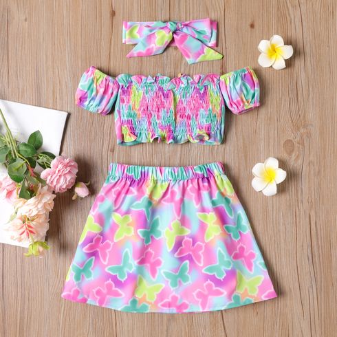 3Pcs Toddler Girl Headband & Colorful Butterfly Print Off-Shoulder Top and Skirt Set Colorful big image 2