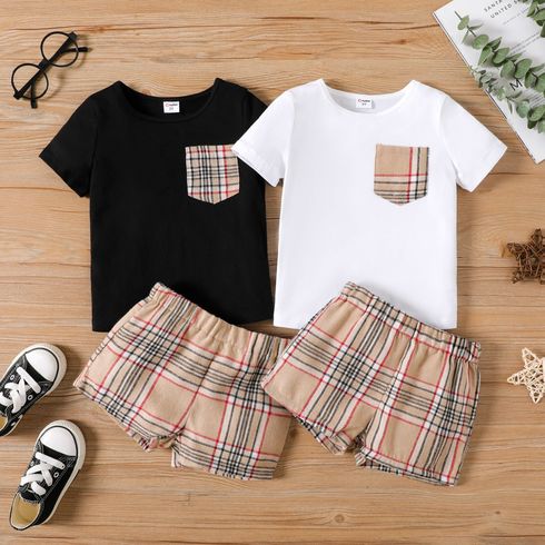 2pcs Toddler Boy Pocket Design Short-sleeve Cotton Tee and Plaid Shorts Set