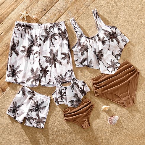 Family Matching Allover Coconut Tree Print Spliced Ruched One-piece Swimsuit and Swim Trunks