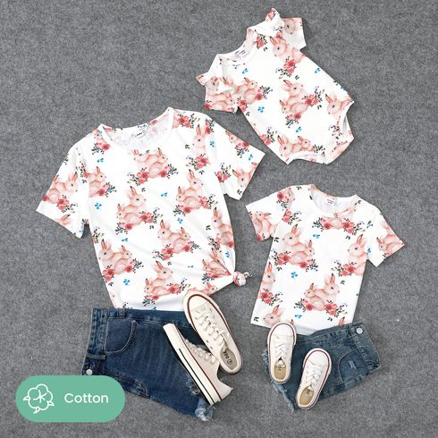 Easter Mommy and Me Cotton Short-sleeve Allover Rabbit & Floral Print Tee