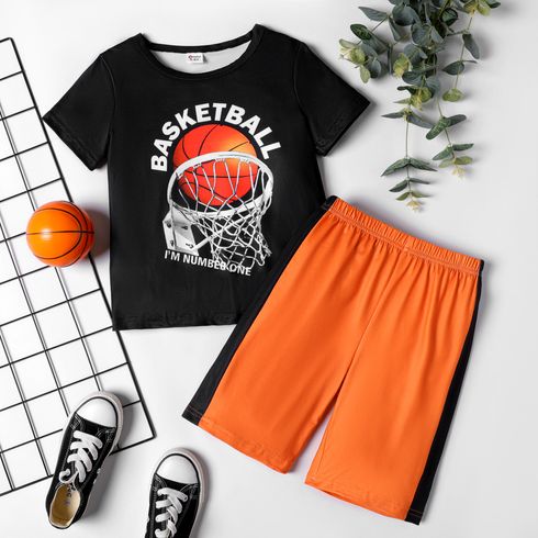 2pcs Kid Boy Basketball Print Sports Tee and Colorblock Shorts Set