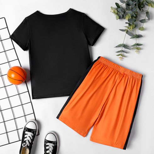 2pcs Kid Boy Basketball Print Sports Tee and Colorblock Shorts Set Orange color big image 5