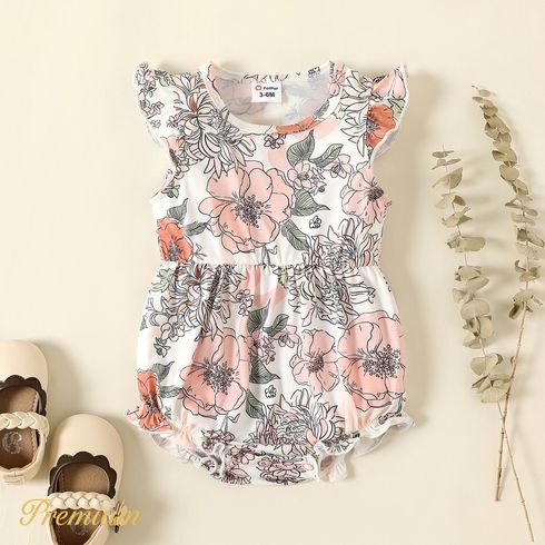 <Romantic Garden> Baby Girl Floral Print Flutter-sleeve Romper or Sets Pink big image 1
