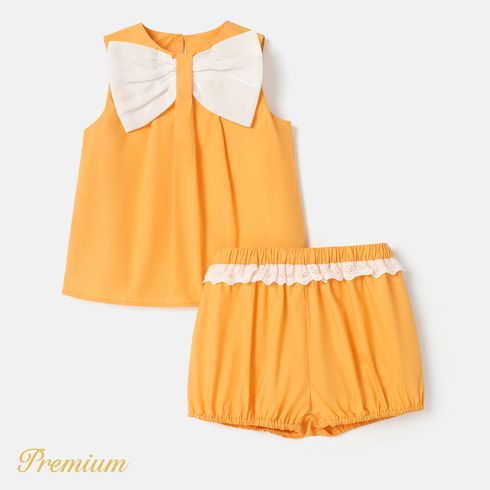 2pcs Kid Girl 100% Cotton Bow Front Tank Top and Lace Detail Shorts Set
