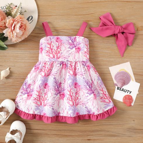 2pcs Baby Girl Allover Floral Print Ruffle Hem Cami Dress & Headband Set Colorful big image 1