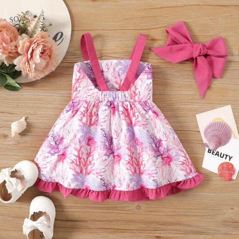 2pcs Baby Girl Allover Floral Print Ruffle Hem Cami Dress & Headband Set Colorful big image 2