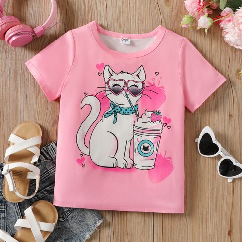 Kid Girl Animal Cat Print Short-sleeve Tee