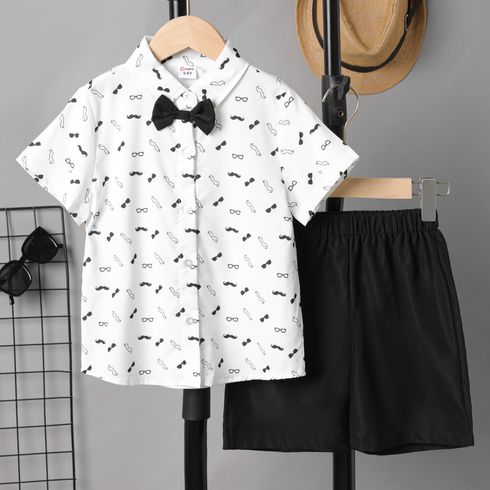 2pcs Kid Boy Allover Print Short-sleeve Bow Tie Shirt and Black Shorts Set Black big image 1