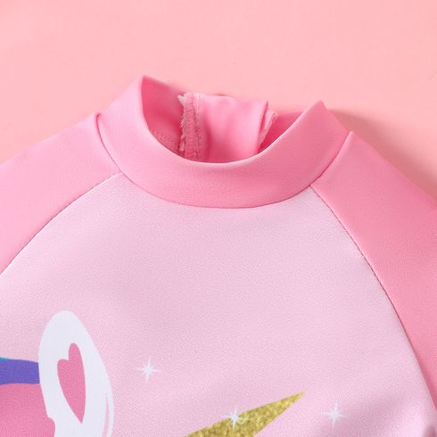 Baby Girl Unicorn Print Colorful Ruffle Trim Short-sleeve One-piece Swimsuit Pink big image 3