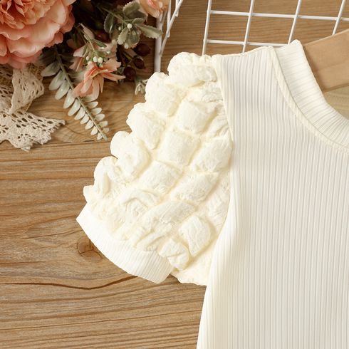 Toddler Girl Puff Sleeve Solid Ribbed Dress Apricot big image 4