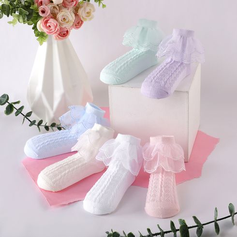 3 Pairs Baby / Toddler / Kid Solid Lace Trim Socks Pink big image 7