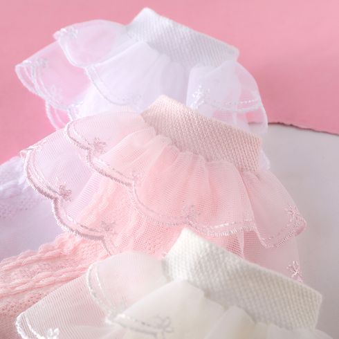3 paia di calzini con rifiniture in pizzo tinta unita per neonati/bambini piccoli Rosa big image 5