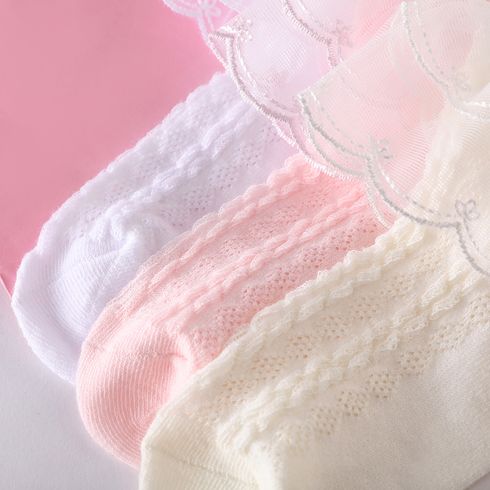 3 Pairs Baby / Toddler / Kid Solid Lace Trim Socks Pink big image 4
