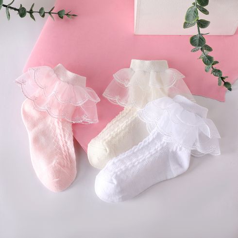 3 Pairs Baby / Toddler / Kid Solid Lace Trim Socks Pink big image 1