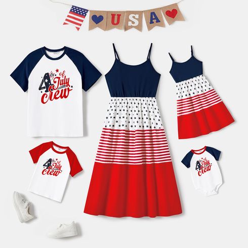 Independence Day Family Matching Cotton Raglan Sleeve Letter Graphic T-shirts and Dots & Striped Print Naia™ Cami Dresses Sets