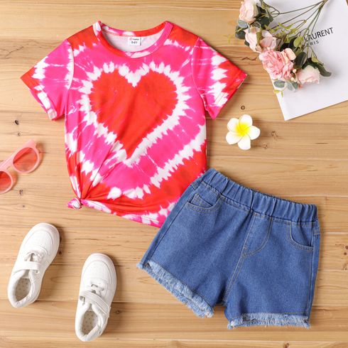 Kid Girl Heart Print Tye Dyed Short-sleeve Tee or Raw Hem Denim Shorts