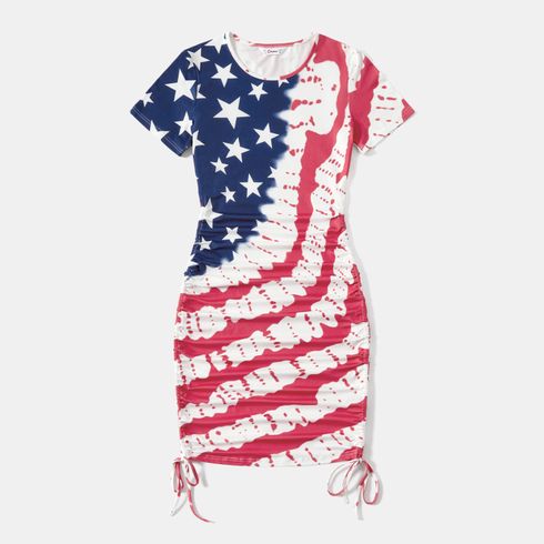 Independence Day Family Matching Allover Print Short-sleeve Drawstring Ruched Bodycon Dresses and T-shirts Sets Colorful big image 14