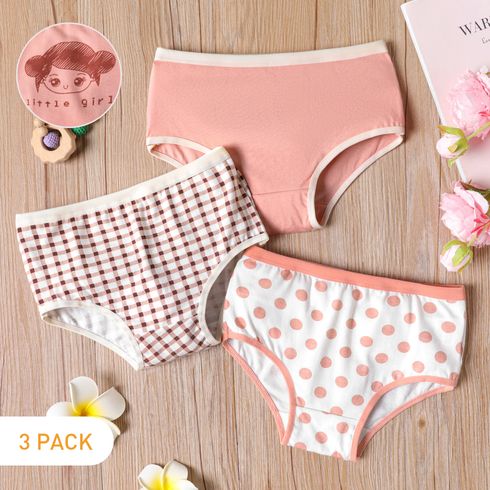 3-pack Kid Girl 95% Cotton Solid & Plaid & Polka Dots Print Briefs