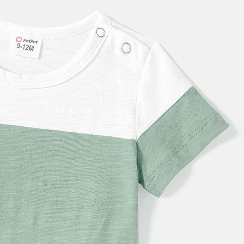 Family Matching Solid Cotton Button Front Drawstring Tank Dresses and Short-sleeve Colorblock T-shirts Sets GrayGreen big image 3