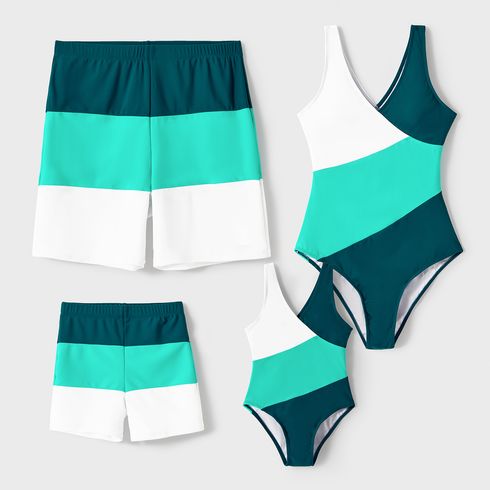 Family Matching Colorblock One-piece Swimsuit or Swim Trunks Shorts Peacockbluewhite big image 1