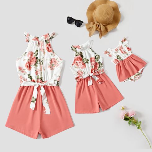 Mommy and Me Floral Print & Solid Spliced Halter Neck Sleeveless Belted Romper Shorts