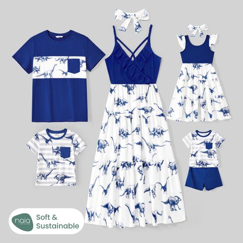 Family Matching Cotton Short-sleeve T-shirts and Allover Dinosaur Print Spliced Naia™ Dresses
