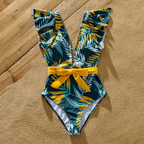 Family Matching Allover Plant Print Flutter-sleeve Deep V Neck Belted One-piece Swimsuit or Swim Trunks Shorts Green big image 3