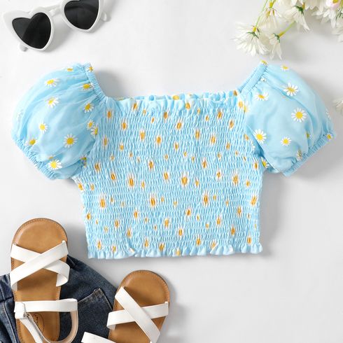 Kid Girl Daisy Print Short-sleeve Smocked Tee