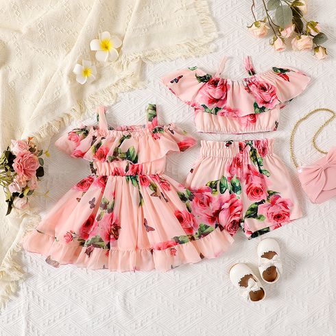Baby Girl Allover Floral Print Pink Ruffle Trim Cami Crop Top & Shorts Set or Dress