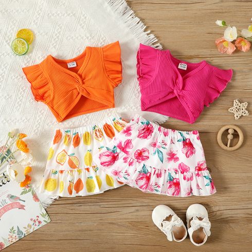 Baby Girl Solid Cotton Ribbed Ruffle-sleeve Twist Knot Crop Top and Allover Print Skirt Sets