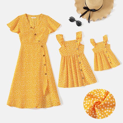 Mommy and Me Allover Print Yellow Ruffle-sleeve Button Front Dresses