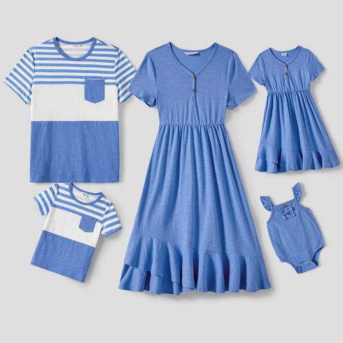 Family Matching Blue Short-sleeve Ruffle Hem Dresses and Naia™ Striped Colorblock T-shirts Sets