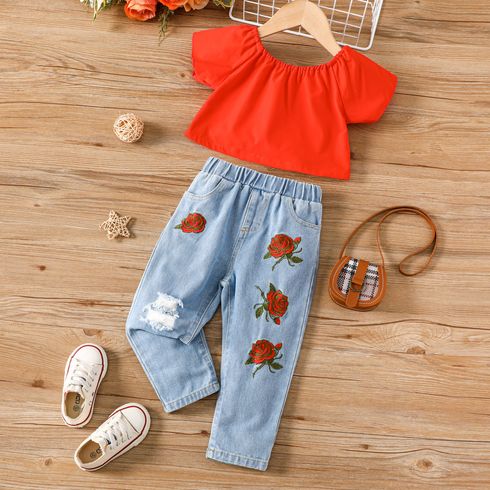 2pcs Toddler Girl Sweet Red Short-sleeve Top and Rose Embroidered Ripped Jeans Set