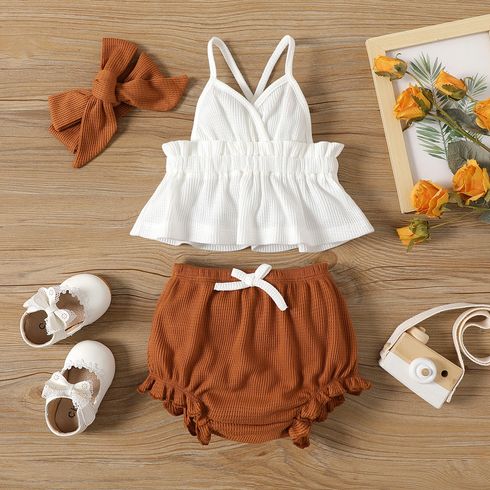 3pcs Baby Girl Solid Cami Top and Shorts & Headband Set Brown big image 1