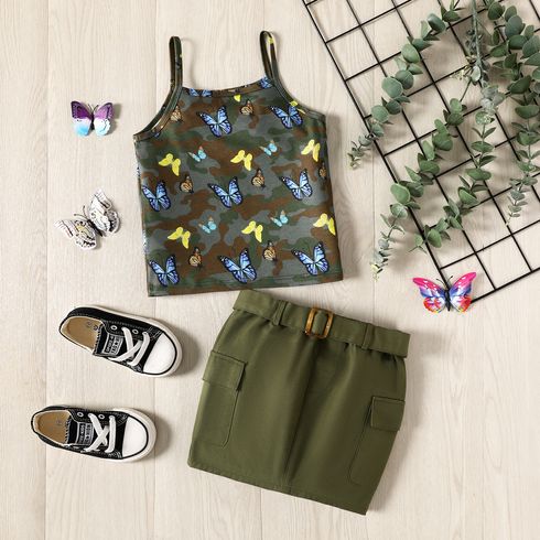 2Pcs Toddler Girl Naia Camouflage Butterfly Print Camisole and Belted Skirt Set Army green big image 1