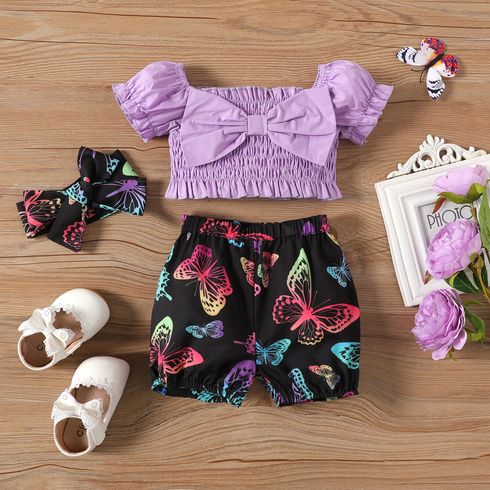 3pcs Baby Girl 100% Cotton Off Shoulder Puff-sleeve Bow Front Shirred Top and Allover Butterfly Print Shorts & Headband Set Colorful big image 1