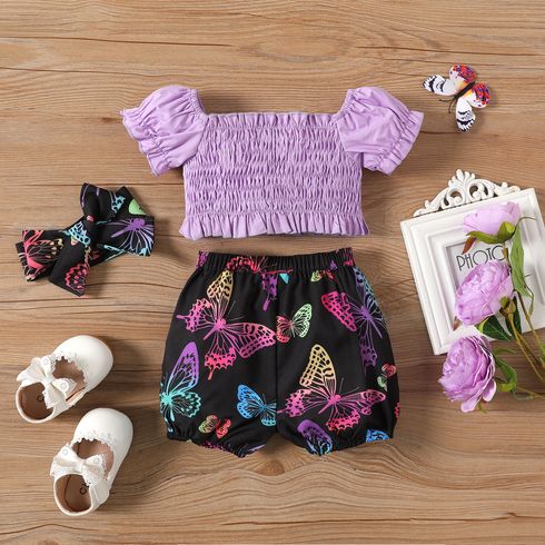 3pcs Baby Girl 100% Cotton Off Shoulder Puff-sleeve Bow Front Shirred Top and Allover Butterfly Print Shorts & Headband Set Colorful big image 2