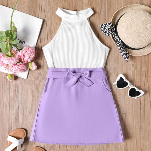 2pcs Kid Girl Cotton Ribbed Halter Tee and Belted Skirt Set