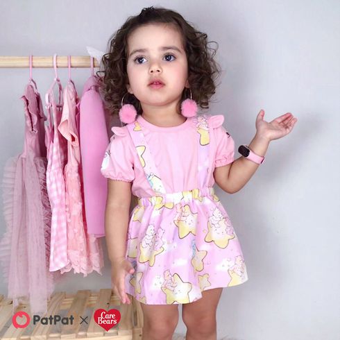 Care Bears 2pcs Baby Girl 95% Cotton Puff-sleeve Tee and Allover Star Print Suspender Skirt Set
