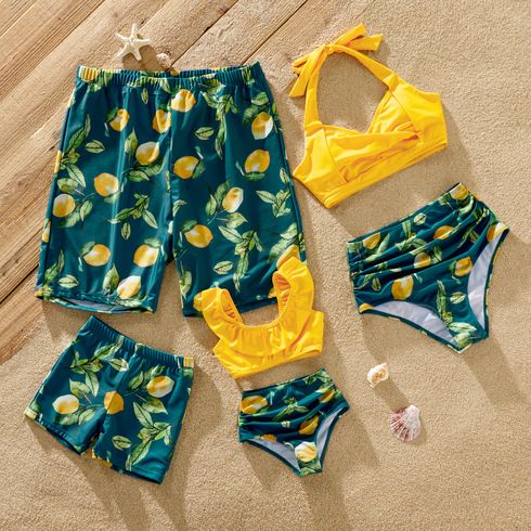 Family Matching Allover Lemon Print and Solid Halter Neck Two-piece Swimsuit or Swim Trunks Shorts