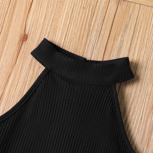 2pcs Toddler Girl Solid Ribbed Cotton Halter Tank Top and Rolled Hem Shorts Set Black big image 3