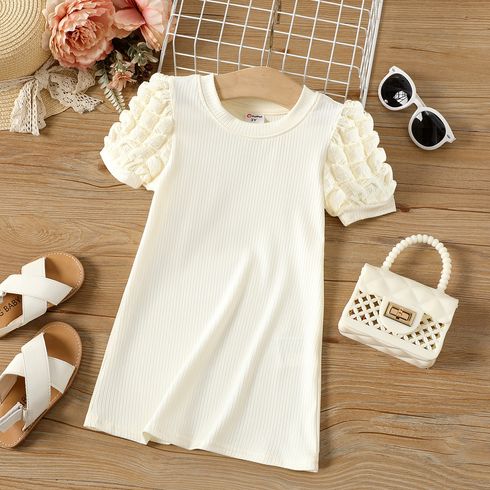Toddler Girl Puff Sleeve Solid Ribbed Dress Apricot big image 1